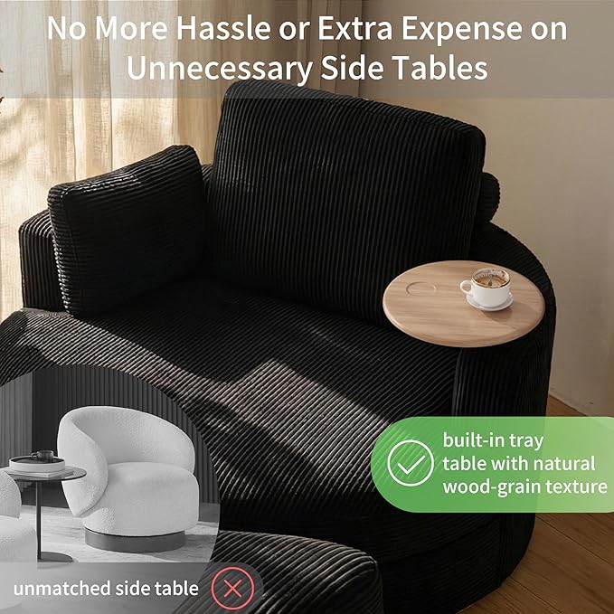 Yoglad 51” Swivel Barrel Chair with Storage Ottoman Corduroy Upholstered Accent Chair and A Half with Tray Table Oversized Chaise Lounge Round Sofa Chair for Living Room Bedroom(Black)