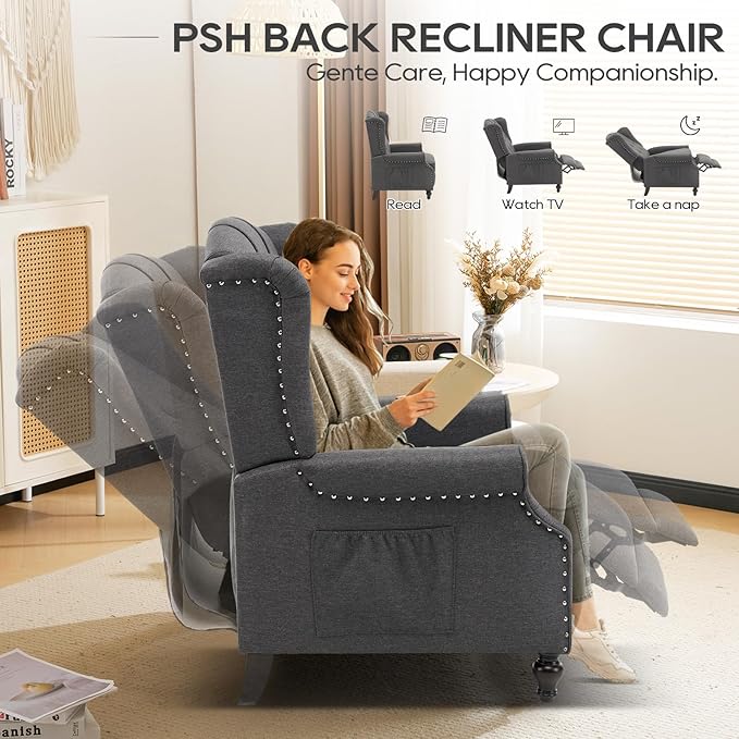 Wingback Recliner Chair with Massage and Heat Upholstered Fabric Living Room Chair Armchair with Nailhead TrimPush Back Recliner Chair with Remote ControlPadded Cushion (2 * Grey)