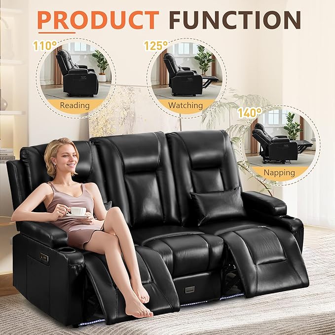 Houjud Wall Hugger Power Recliner Sofa 3-Seater RV Couch Reclining Sofa with LED Lights USB Ports Cup Holders Side Pockets Outlets Drawer for Living Room and Home Theater PU Leather Black