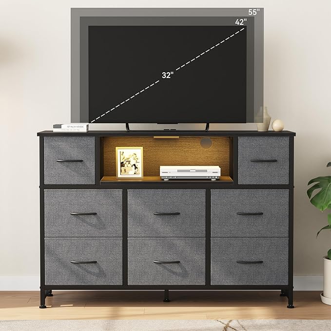 DUMOS TV Stand Dresser with 8 Fabric Drawers and Open Shelves LED Entertainment Center with Charging Station Wood Top Media Console for 45-55 inch Bedroom Grey