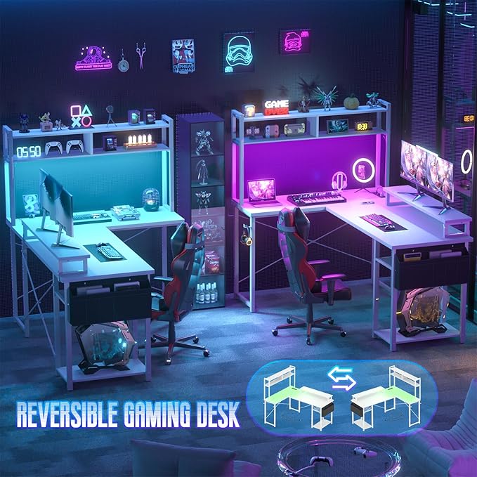 Small L Shaped Desk Gaming Desk with Power Outlets 48 Reversible L Shaped LED Computer Desk with Monitor Stand &amp Storage Shelf Corner Gamer Desk Home Office Desk with Storage Bag White