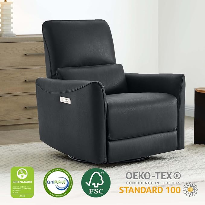 CHITA Power Recliner Chair Swivel Glider FSC Certified Upholstered Faux Leather Living Room Nursery Reclining Sofa Chair with Lumbar Support Black