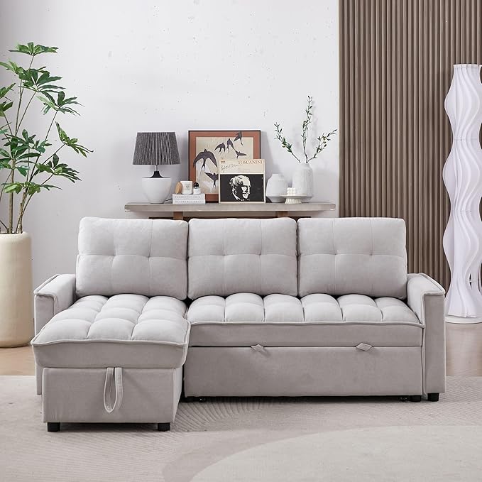 Reversible Sectional Sleeper - Pull Out Sofa Bed Couch with USB and Tape-c Charging Ports L-Shape Sleeper Sectional Sofa Couch for Living Room Office and Small Apartment (Light Grey)