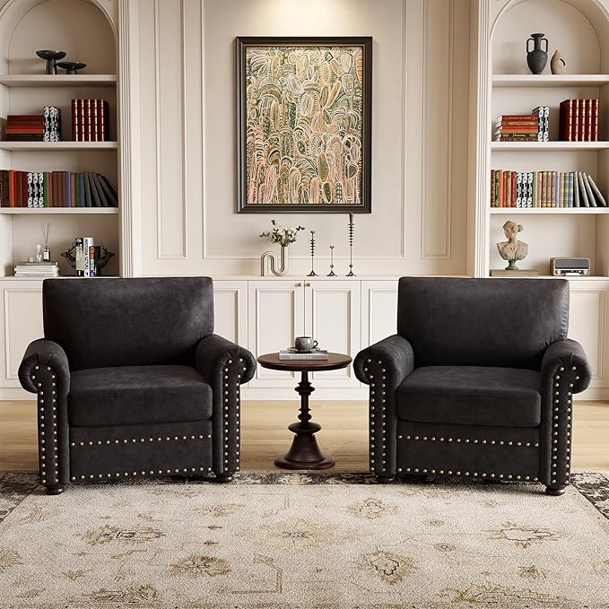 ONBRILL Nailhead Trim Accent Chair Faux Leather Club Chair for Living Room Comfy Armchair with Springs Cushions &amp Solid Wood Legs Traditional Rolled Arms Single Sofa for Bedroom Apartment Bla