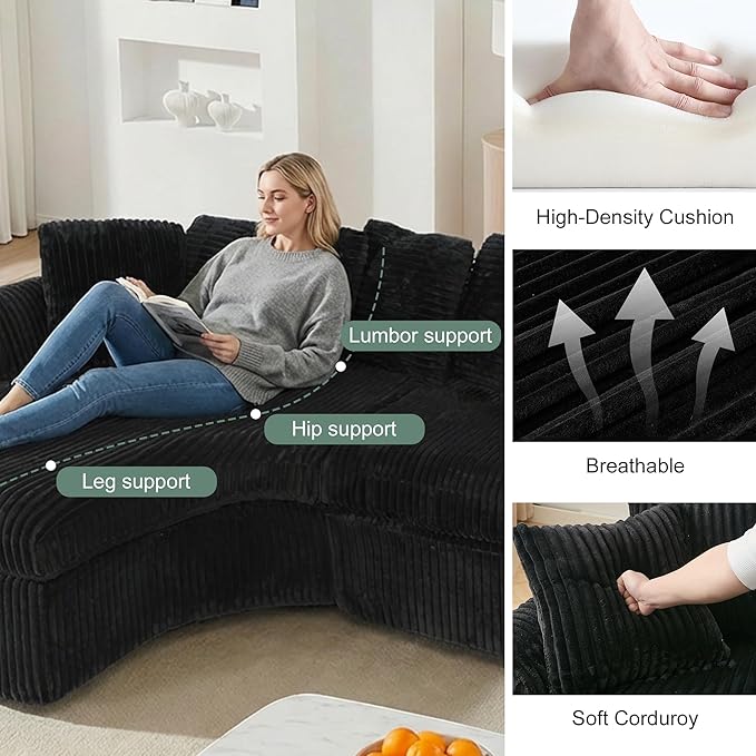 129'' Cloud Sectional Couches for Living Room Oversized L Shaped Couch Curved Boneless Sofa Corduroy Upholstered Corner Sofa Black