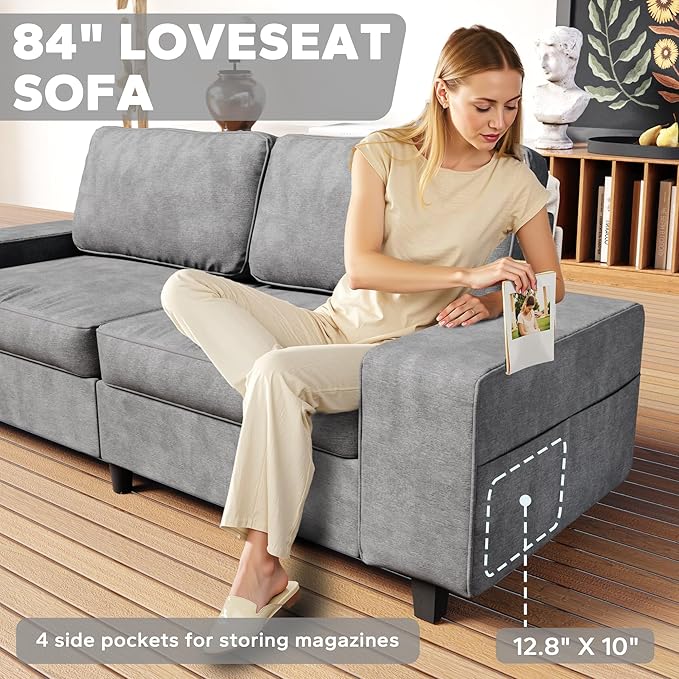 84 Chenille Loveseat Couch 3 Seater Retro Sofa with 4 Side Pockets Removable and Washable Cushions Mid Century Modern Living Room Bedroom Apartment (Light Grey)