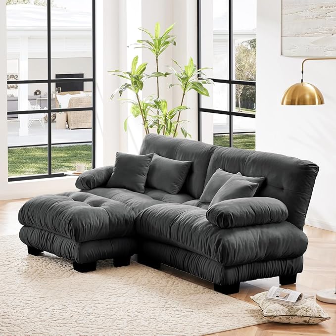 94.4 Loveseat Sofa 2 Seater Modular Sectional Sofa Grey Large L Shaped Sectional Fluffy Couch Chenille Cloud Couch with Ottoman Deep Seat Sofas for Living Room