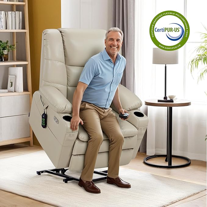 MCombo Oversized Triple Motor Power Lift Recliner Chair with Massage and Dual Heating Adjustable Headrest for Big and Tall Elderly People Faux Leather R7635 (Beige Large-Oversize)