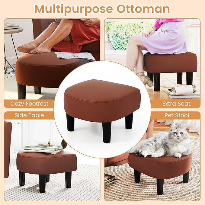 GOFLAME Swivel Barrel Chair with Ottoman Modern Faux Leather Accent Chair with Footrest Curved Backrest Removable Seat Cushion Upholstered Club Tub Sofa Chair for Bedroom Living Room Brown