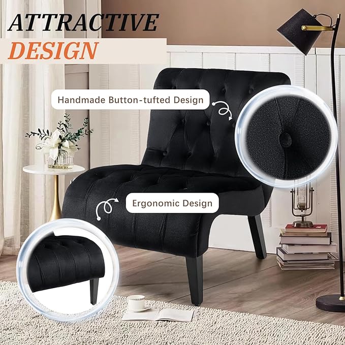 AVAWING Armless Accent Chair Set of 2 Upholstered Velvet Lounge Chair with Wood Legs Comfy Reading Chair for Living Room &amp Bedroom Black