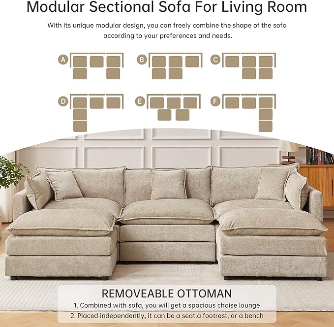 HIPIHOM Modular Sectional Sofa 112.2 Inch L Shaped Couch Set with Armrests 3-Seater Comfy Cloud Couches for Living Room Apartment Coffee