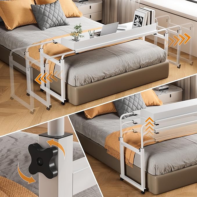 Adjustable Height Overbed Table Rolling Overbed Bedside Desk with Raised Baffle and Spacious Desktop Over BedTable with Wheels for Home Office Bedroom Hospital Use (White)