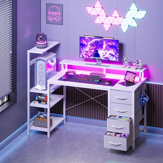 51 Inch Gaming Desk with Power Outlet and LED Lights Computer Desk with 4 Drawers &amp Storage Shelves Reversible Home Office Desk with Monitor Stand for Small Space Bedroom Carbon Fiber White