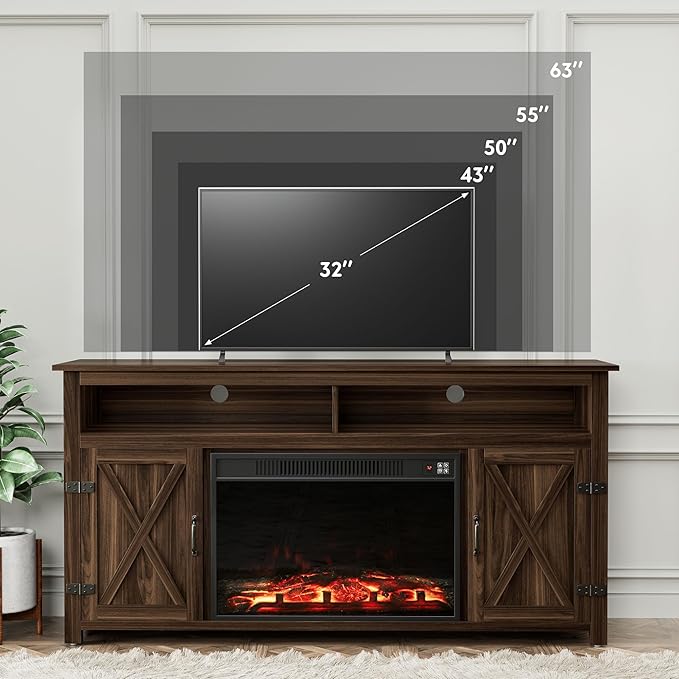 YESHOMY Fireplace TV Stand for Television up to 65+ Inch with Storage and Farmhouse Barn Doors Entertainment Center with Cabinet and Shelves Media Console for Living Room Walnut