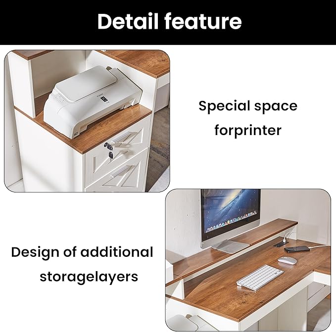 60 L Shaped Executive Desk with Printer SpaceCorner Computer Desk with Power OutletsLockable Drawers &amp Adjustable File CabnetL Shaped Office Desk with Monitor Stand
