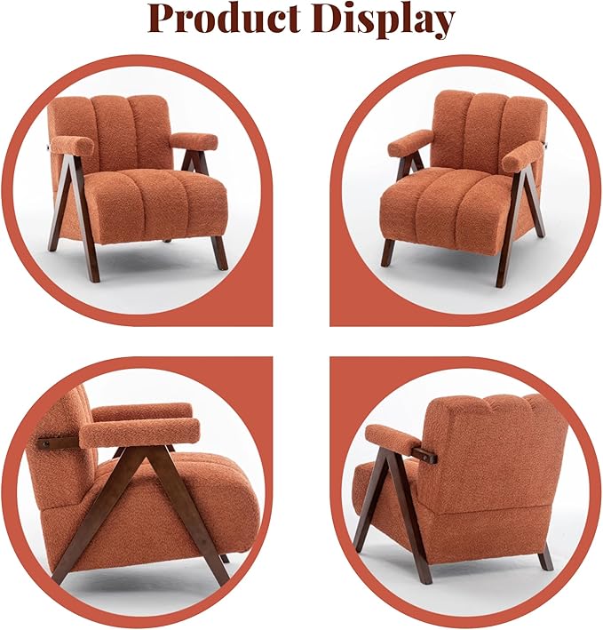 Mid Century Modern Accent Chairs Set of 2 with Solid Wood Frame Boucle Upholstered Living Room Chairs with Thick Cushion Comfy Tufted Arm Chair for Bedroom Orange