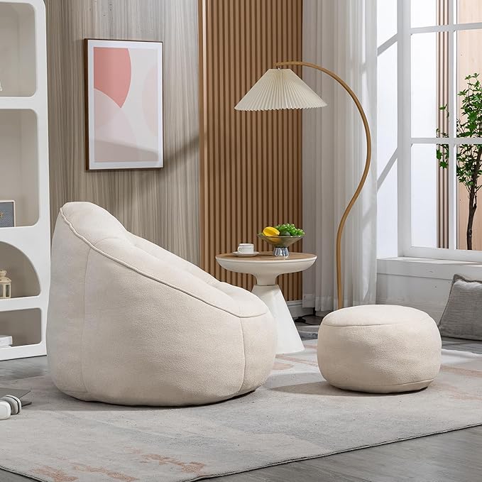 Small Bean Bag Chairs for Adults Single Sofa Chair with Ottoman Footrest Bean Bag Couch for Teens with Foam Filler Included Comfy Soft Lazy Sofa for Small Space/Living Room/Bedroom/Study