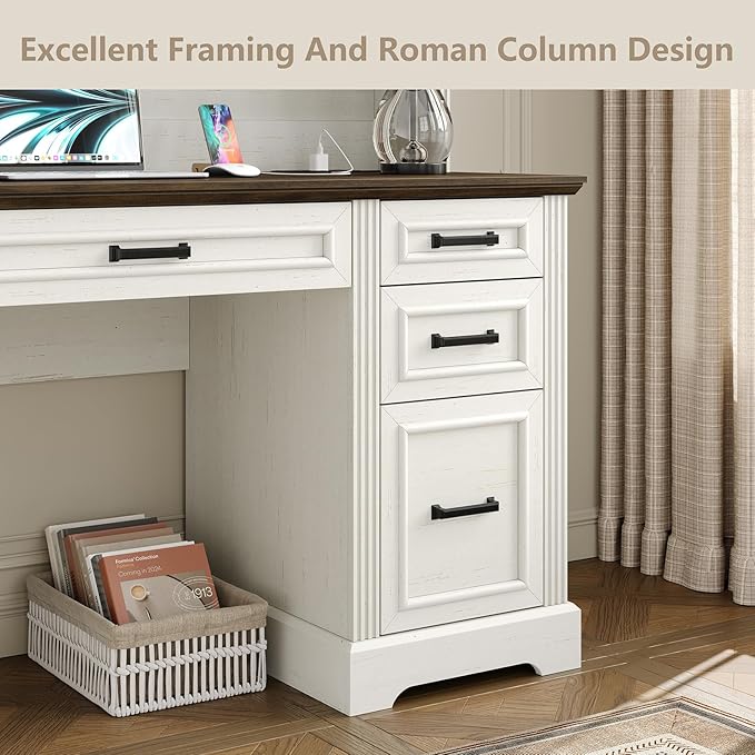 Furniouse Farmhouse 76 Height Executive Desk with Hutch Office Desk with Charging Station Drawers and Storage Cabinet Workstation for Office Home Brown Tabletop Off White