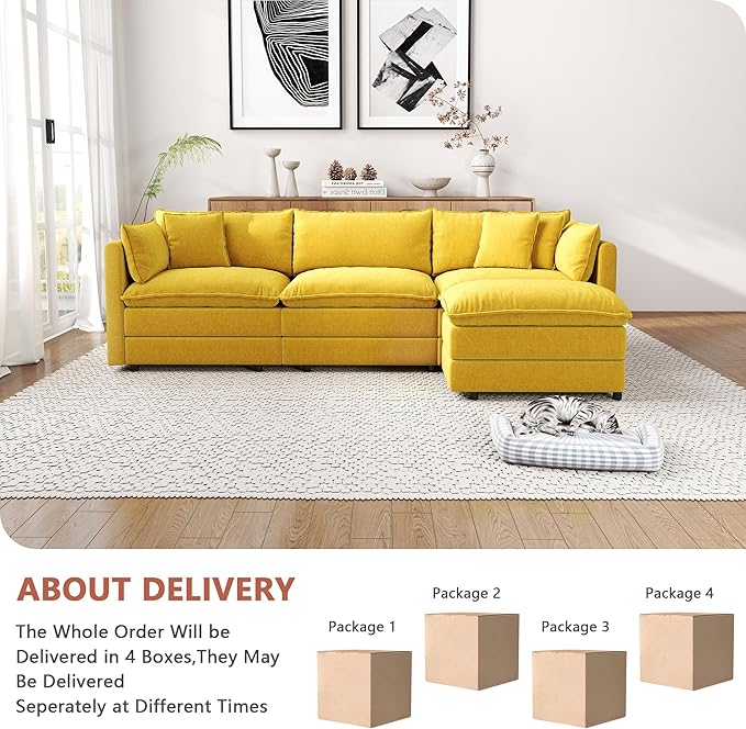 Setawix Deep 3 Seater Couch with Ottoman112.2 L-Shaped Cloud Couches for Living RoomChenille Cloud Sofa Couch with Deep SeatModular Sectional L Shape 3 Seat Sofa for Bedroom (Yellow 3+1)