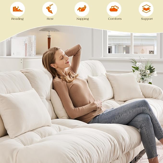 Modular Sectional Sofa Bed Chenille Comfy Cloud Couch with 2 Ottomans Sleeper Daybed with 2 Lumbar Pillows and 2 Throw Pillows Couches for Living Room (White 2 Seat + 2 Ottoman)