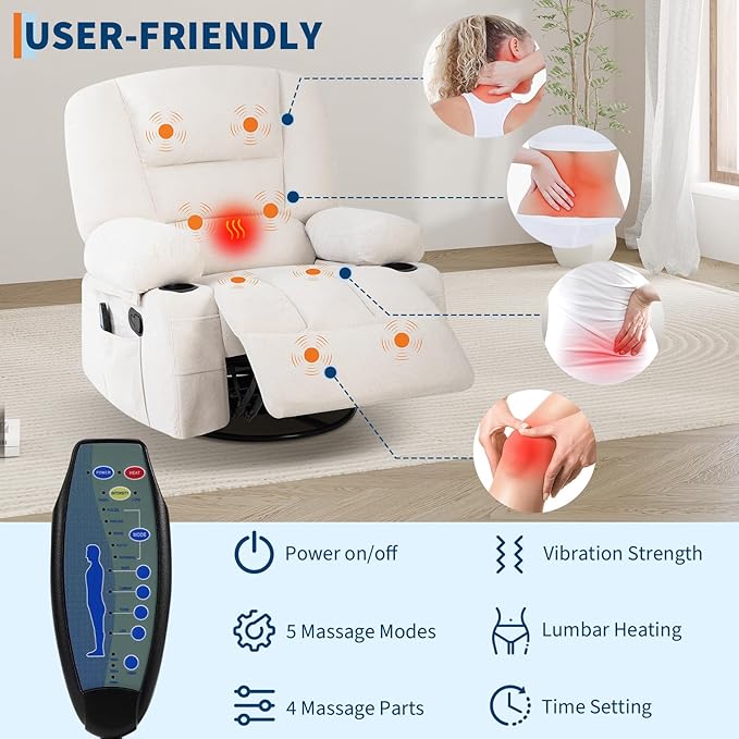 360° Swivel Rocking Recliner Chairs with Cup Holders Nursery Chair Massage Recliner Chair with Vibration Massage and Heat 350 Lbs Rocker &amp Side Pockets for Living RoomBedroomHome Theater