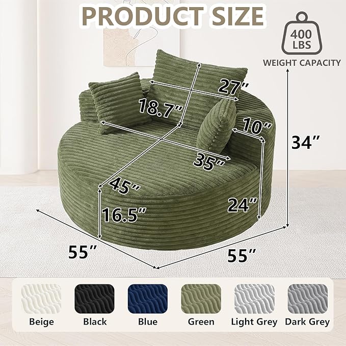 55 L Corduroy Sponge Single Sofa Oversized Round Chair Fluffy Modern Sleeper Chairs for Living Room Lounge and Projection Room Wide Armrest Lounge Chairs Armchair with Pillow Green