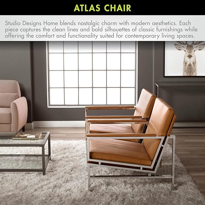 Studio Designs Atlas Modern Accent Chair with Padded Armrests - 29.5 W x 32 D x 33 H - Armchair for Home or Office - Caramel Brown Bonded Leather Fabric and Chrome Legs