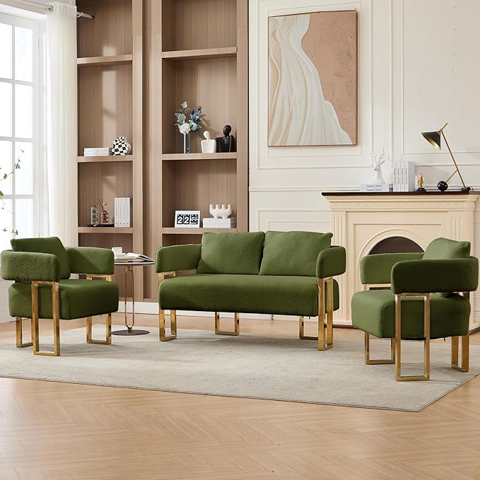 51 Comfy Loveset Sofa Green Small Teddy Love Seat Sofa Bedroom Mini Couch Living Room Side Chair with Gold Metal Legs for Dressing Area Reception Room Office (Green)