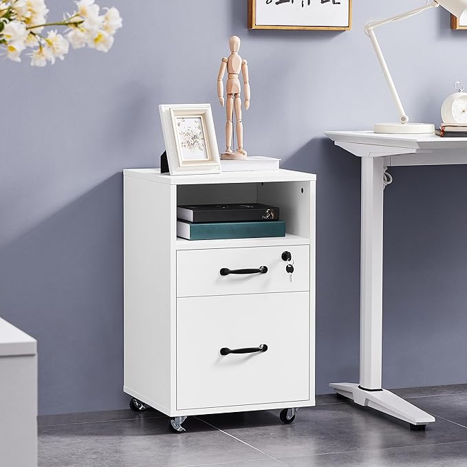 Topeakmart File Cabinet 2-Drawer and 1-Open-Shelf Rolling Filing Storage Printer Stand with Wheels Lock for A4/ Legal/Letter 16″ L×16″ W × 26″ H White