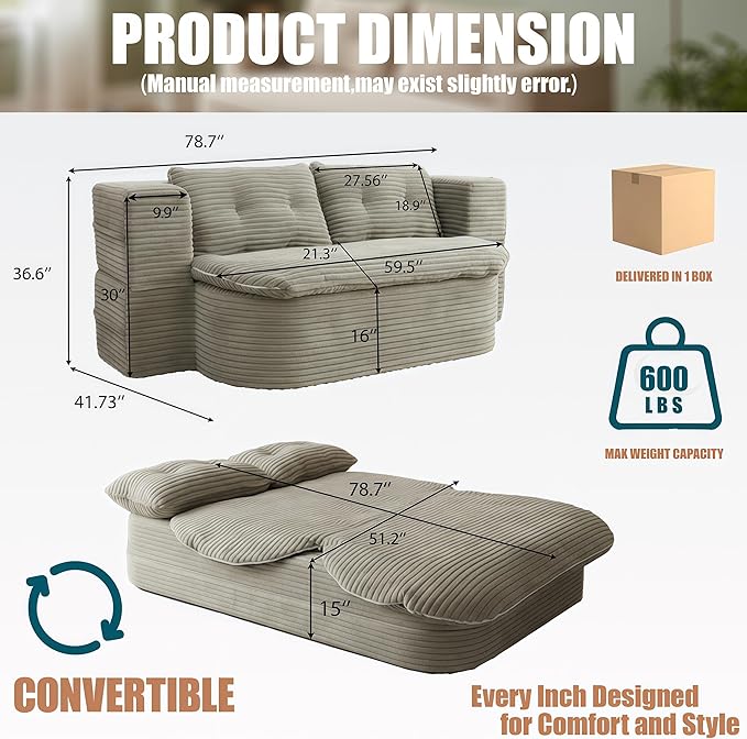78.7-inch Folding futon Sofa Bed Full-Size Convertible Sleeper Couch Bed Memory Sponge Double Sofa with Comfortable Mattress Suitable for Living Room and Guest Room (brown 78.7 inches)