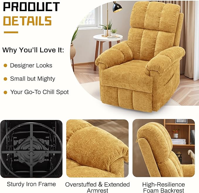 Recliner Chair Swivel Rocker Recliner Chair for Adults Small Recliners for Small Spaces Upholstered Manual Recliner with Side Pockets Nursery Rocking Chair for Living Room Chenille Yellow
