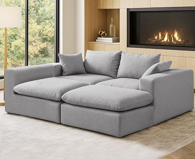 91.34 No Assembly Required Sectional Couch Modern 6-Piece Frameless Modular Sofa with Ottoman Deep Seat Cloud Couches for Living Room Oversized Chenille Comfy Sofa Gray