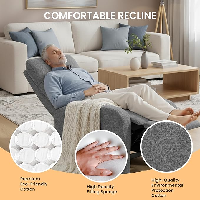 HealSmart Adjustable Push Back Recliner Chair Soft Fabric Lounge Sofa for Reading &amp Relaxing Perfect Home Theater Chair for Living Room &amp Bedroom Grey
