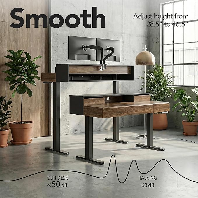 ErGear Electric Standing Desk with 5 Solid Wood Drawers 48 x 26 Inches Whole Piece Desktop with Desktop Riser Stand Compatible with C-Clamp Monitor Arms Modern Office Desk Dark Walnut
