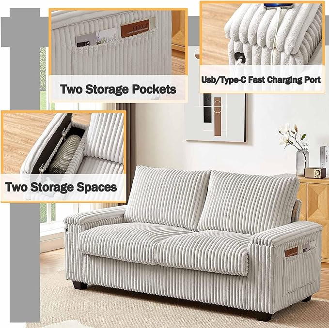 Anwick 71 Modern Loveseat Sofa Corduroy 2-Seater Couch with Storage Armrest USB Charging Port &amp Side Pockets Small Sofa for Living Room Bedroom Office Apartment (Beige)