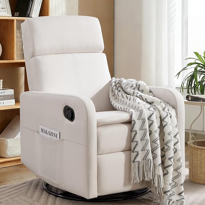 Swivel Rocking Recliner Chair for Adults Upholstered Fabric Glider Recliner Reclining Chair with Side Pockets and Double-Thick Cushion for Living Room Bedroom Nursery (Beige)