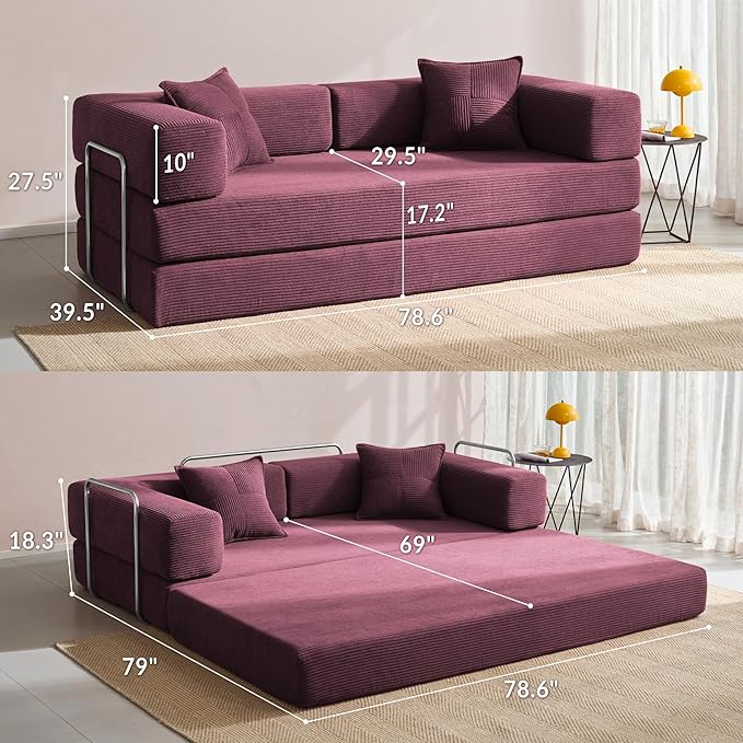 Compression Sofa - 78''Convertible Floor Sofa Bed - with Pillow Back Support Armrest - Comfy Foldable Sofa Bed Compressed Sofa in Box - Corduroy Fabric - for Living Room Bedroom - Burgundy