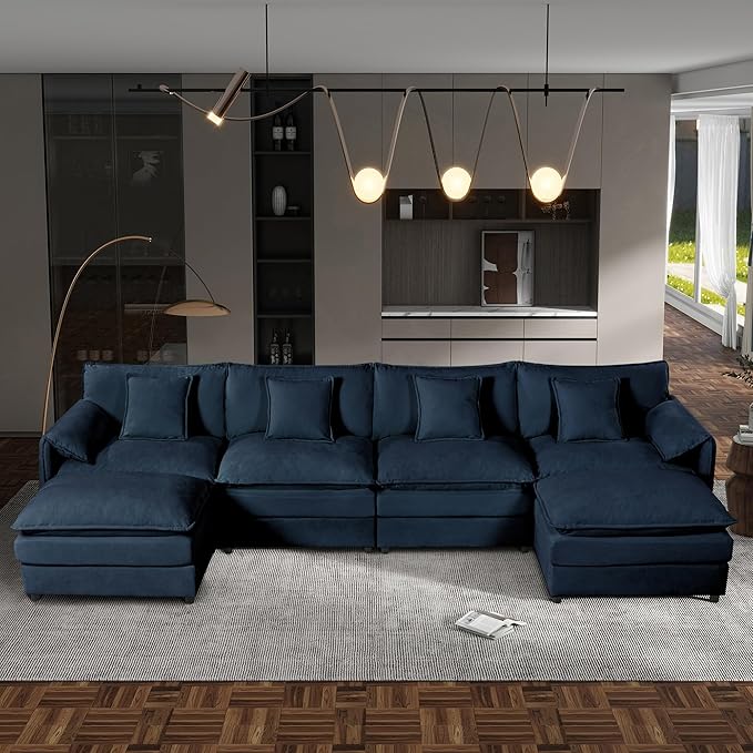 144 Modular Sectional SofaU-Shaped Chenille Sofa Couch with Movable OttomanModern 6 Seat Cloud Sectional Couches for Living Room Office Home (Blue 144 U-6 Seater)
