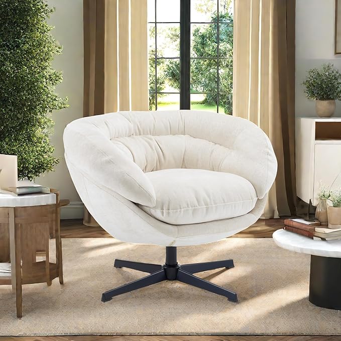 360°Swivel Accent ChairModern Chenille Office ChairRound Office Chairswith Removable CushionBlack Metal Base for Living RoomBedroomReading CornerOfficeBeige
