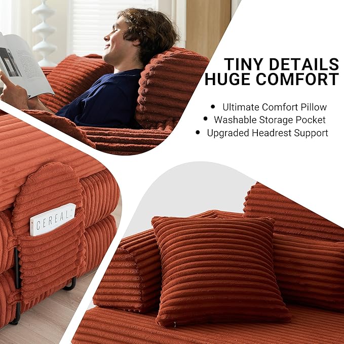 79 Boneless Couch with High Backrest Headrest Comfy Modular Foldable Floor Sleeper Sofa 5-in-1 Convertible Sofa Bed for Living Room Bedroom Lounge Studio Orange