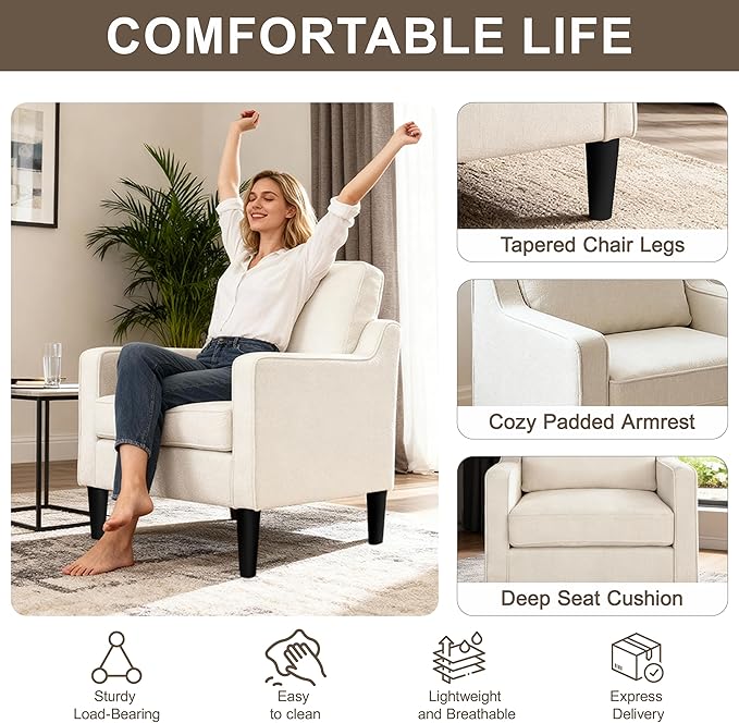 Comfy Accent Chair with 115° Ergonomic Back Support 5.5 Thick Spring Cushion Armchair for Living Room Mid Century Modern Chenille Reading Chair 380lbs Capacity (White)