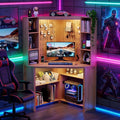 Corner Desk with - LED Reading Light L-Shaped Computer Desk w/Hutch &amp Shelves Home Office Desk w/Charging Station for Work &amp Study File Cabinet Storage Bookshelf for Small Space (Natural)