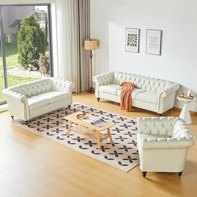 AVZEAR Chesterfield Loveseat Sofa Upholstered Sofa Modern Sofa Couches Set Style Button Tufted PU Chesterfield Sofa for Living Room Apartment PU White
