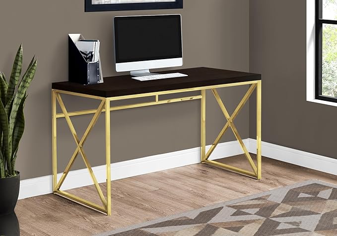Computer Desk Home Office Laptop Work Brown Laminate Gold Metal Contemporary Modern