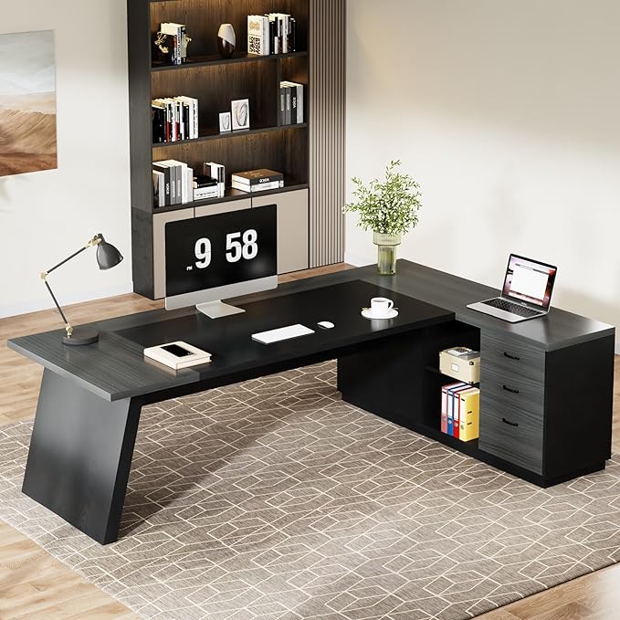 Tribesigns 78 L-Shaped Executive Desk Large Modern Office Desk with Drawers and Lateral File Cabinet Business Furniture with Storage Shelves Big Computer Desk for Home Office (Grey + Blcak)