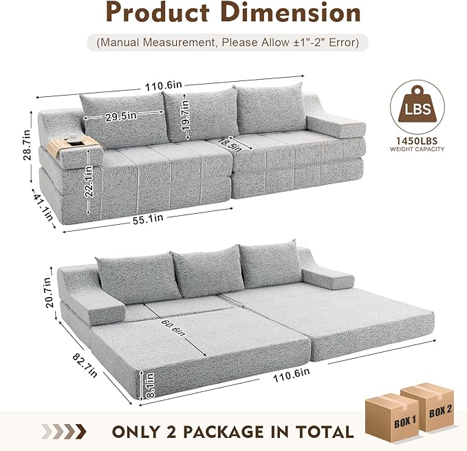 MEISSALIVVE 110.6 Convertible Sleeper Sofa Chair Folding Corduroy Armchair Adjustable Floor Sofa Bed with Removable Pillow No-Assembly Required Living Room Bedroom Apartment (Grey