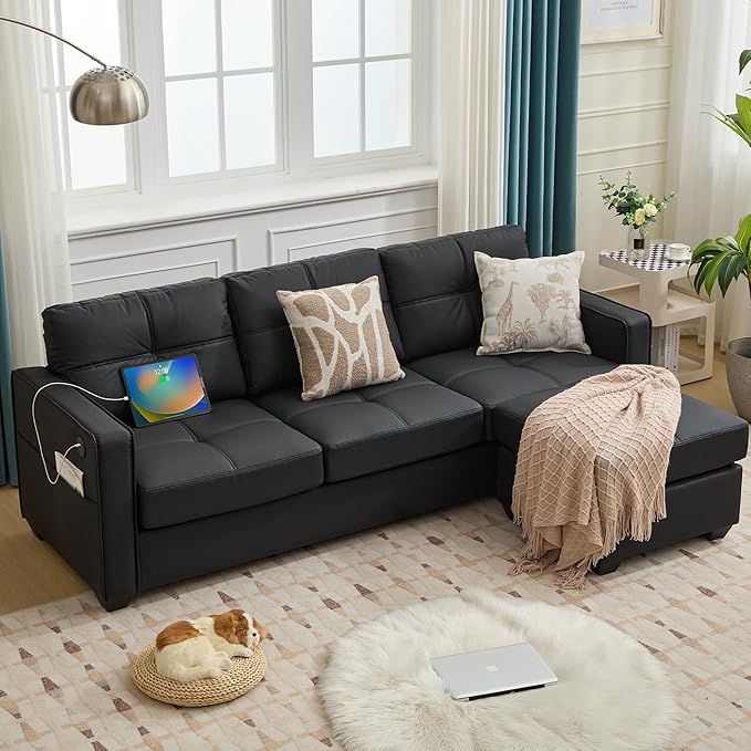 TYBOATLE Black Couch Sectional Couches w/Side Pockets for Living Room Comfy Faux Leather Modular Convertible L Shaped Sofas with USB &amp Ottoman Leather Sectional for RV Apartment Office