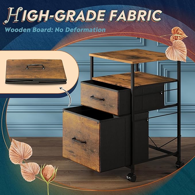 DEVAISE 2 Drawer Mobile File Cabinet Rolling Printer Stand with Open Storage Shelf Fabric Vertical Filing Cabinet fits A4 or Letter Size for Home Office Rustic Brown Wood Grain Print