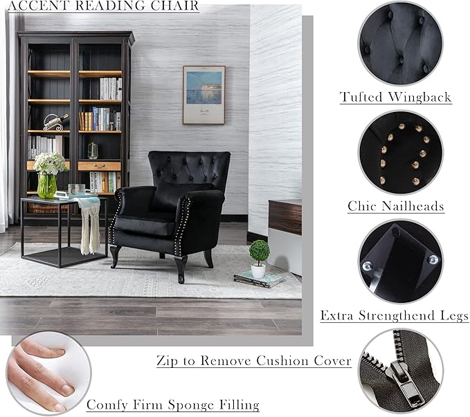 Mid Century Modern Accent Chair Upholstered Armchair Comfy Velvet Fabric Single Sofa with Tufted Wingback for Small Spaces Bedroom Living Room Black