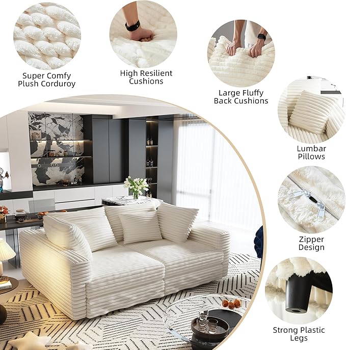 Cloud Couch Modular Sectional Sofa Fluffy 4 Seater Corduroy Cloud Sofa Couch 102.4'' Oversized Chaise Lounge Sleeper Sofas Deep Seat Sectional Couches for Living Room Beige